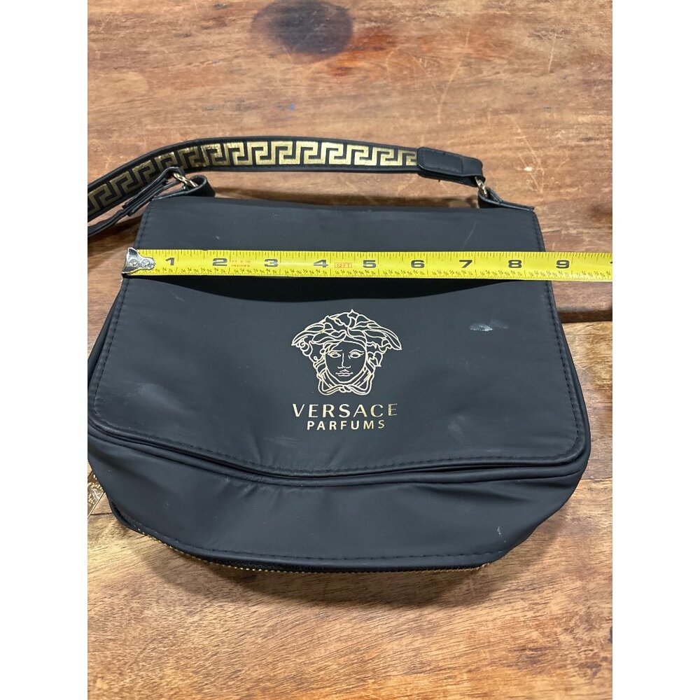 Versace Parfums Black Nylon Crossbody Bag With Gold Medusa Logo Greek Key Strap - Picture 15 of 15